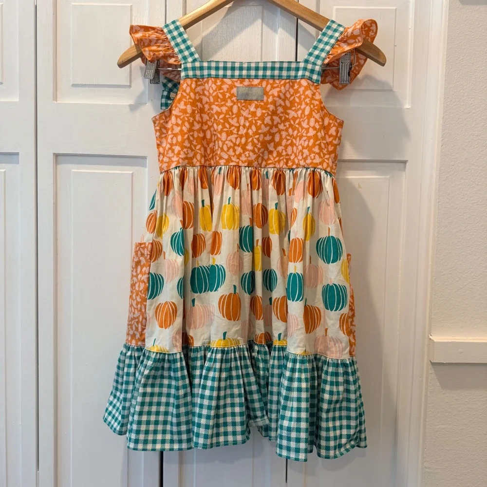 Eleanor Rose Girls Pumpkin Patch Dress Orange Teal Gingham Fall Size 10